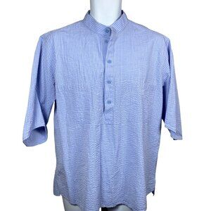 Hollington Paris Shirt Mens Size L Short Sleeve Blue Cotton Searsucker  Buttons